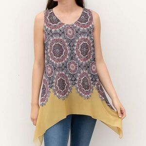 Boho Mandala Print Sleeveless Handkerchief Hem Tank Blouse